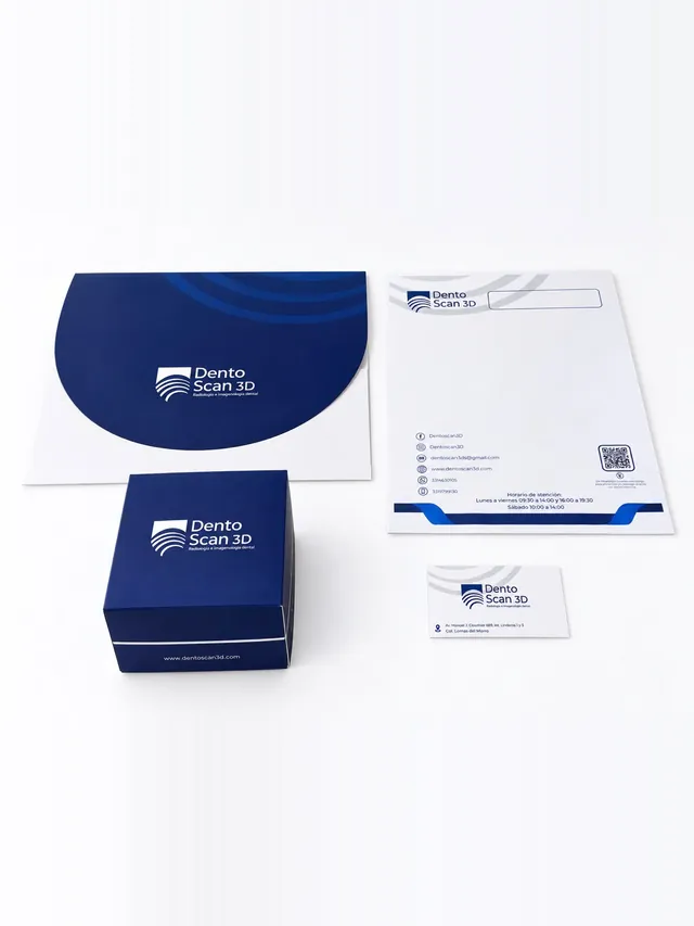 Caja de entrega, carpeta y hoja membretada de Dento Scan 3D