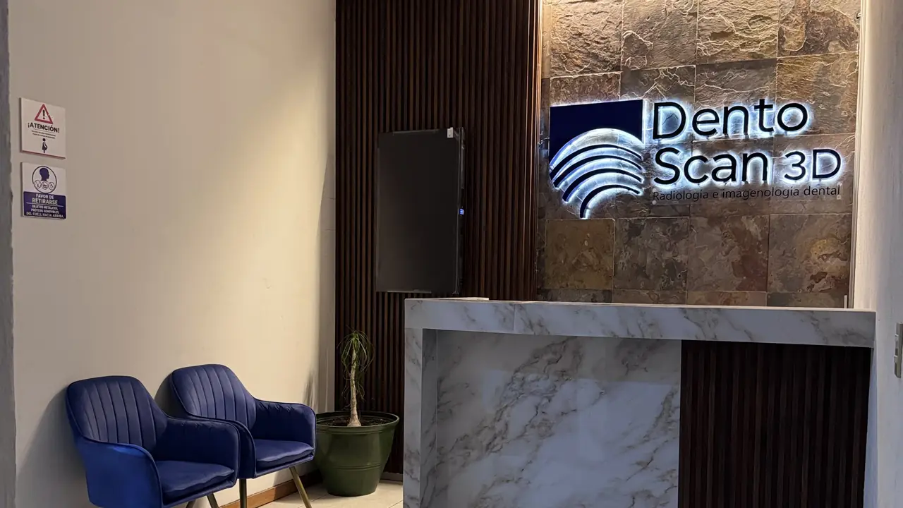 Recepción con el logotipo de Dento Scan 3D iluminado sobre muro de piedra